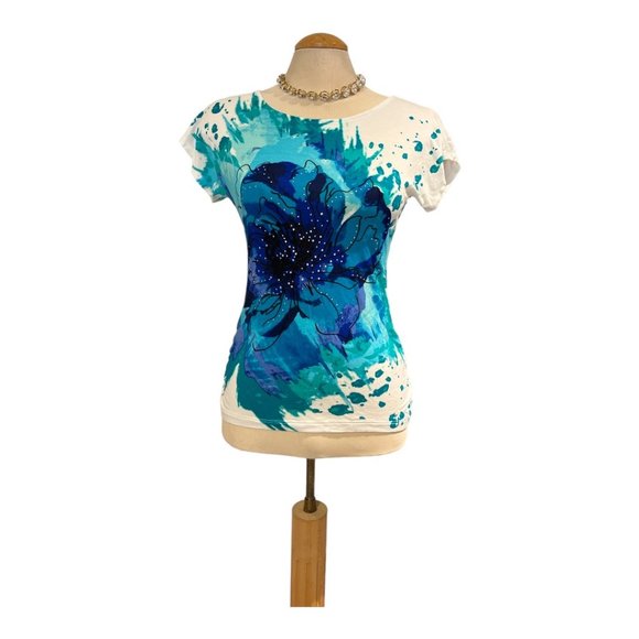 APT. 9 Tee Shirt Size Small Beautiful Vibrant Colours with Bling 100% Rayon - Picture 3 of 11